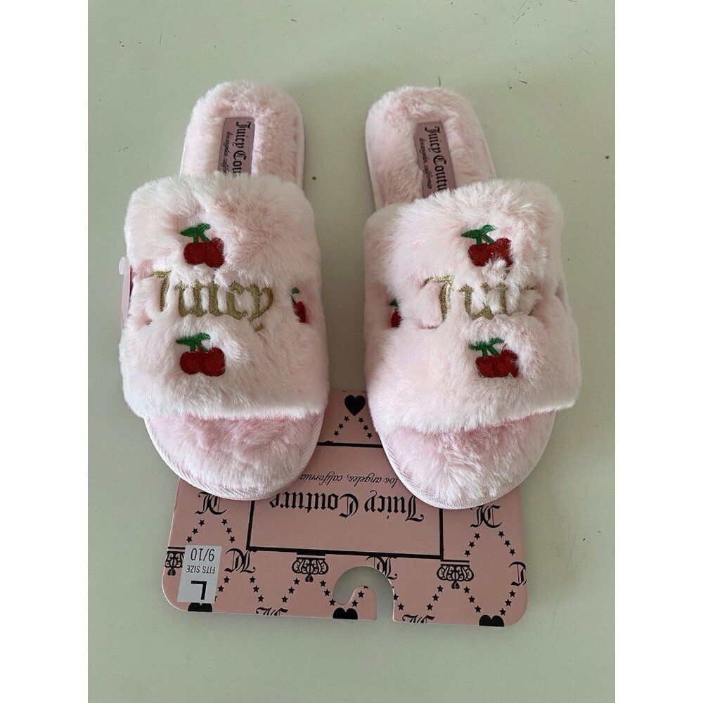 Juicy Couture Cherry JC-Cherrie Pink Blush Fur Slippers Women’s Size L NEW